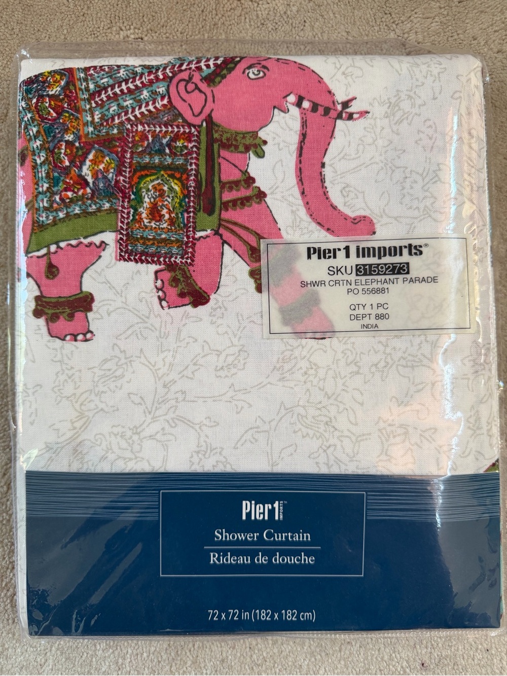 Pier 1 White Shower Curtain with Colorful Elephant Accents